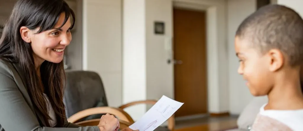 mulher fazendo terapia com criança na sala de casa